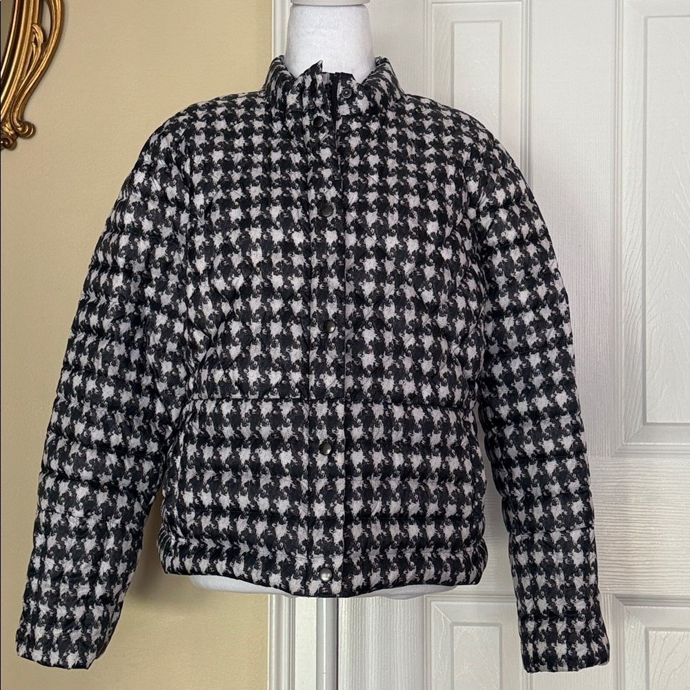 Lands’ End Houndstooth Down Puffer Coat Zip & Snap Front Pockets Petite 14-16 - Picture 6 of 13